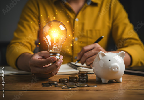 Person holding a glowing light bulb, with a piggy bank and coins on a desk. Symbolizes creative financial solutions and smart investment ideas.