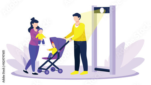 Family at airport security checkpoint with stroller and baby being screened by security equipment
