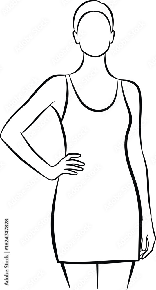 Fototapeta premium Vector art of elegant woman in a dress posing with hand hip, a fashion illustration with minimalist design and simple line art