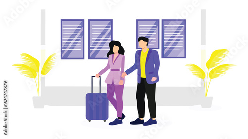 Couple traveling with luggage in airport terminal with windows and plants in the background scene