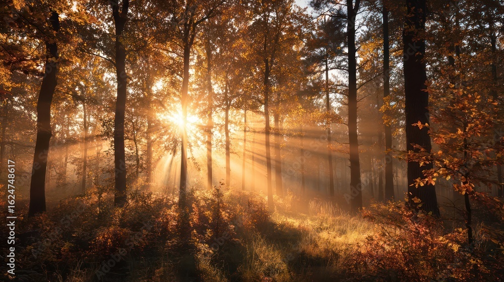 Naklejka premium Sunrise in a Fall Forest with Warm Golden Tones and Soft Mist
