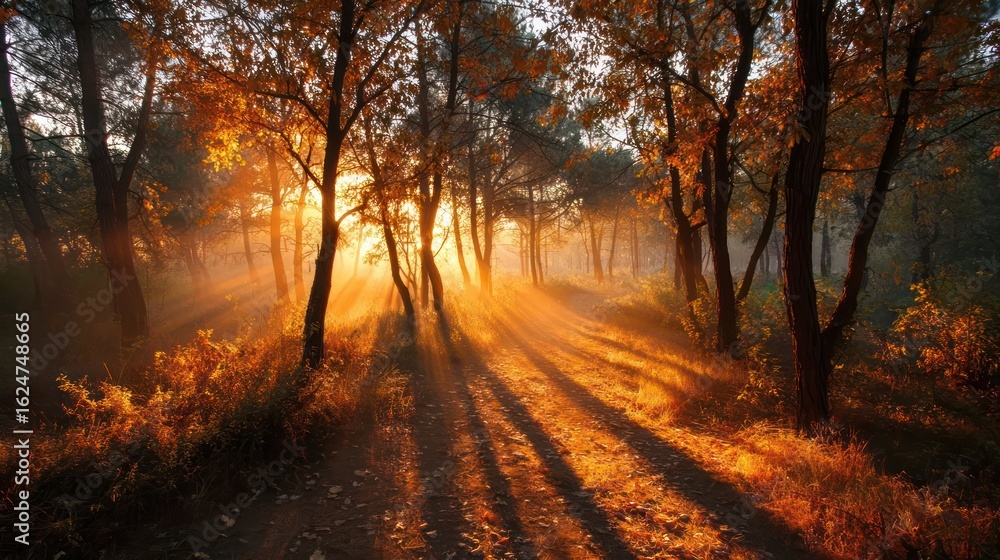 Obraz premium Sunrise in a Fall Forest with Warm Golden Tones and Soft Mist
