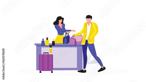 Illustration of a woman at a counter assisting a man with shopping bags and a purple suitcase near by