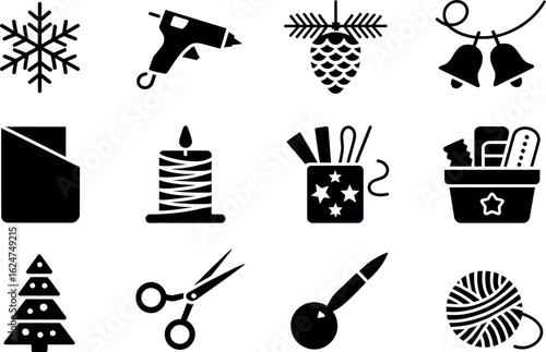 Black Glyph Icons: Christmas Crafts, DIY Supplies, Festive Season