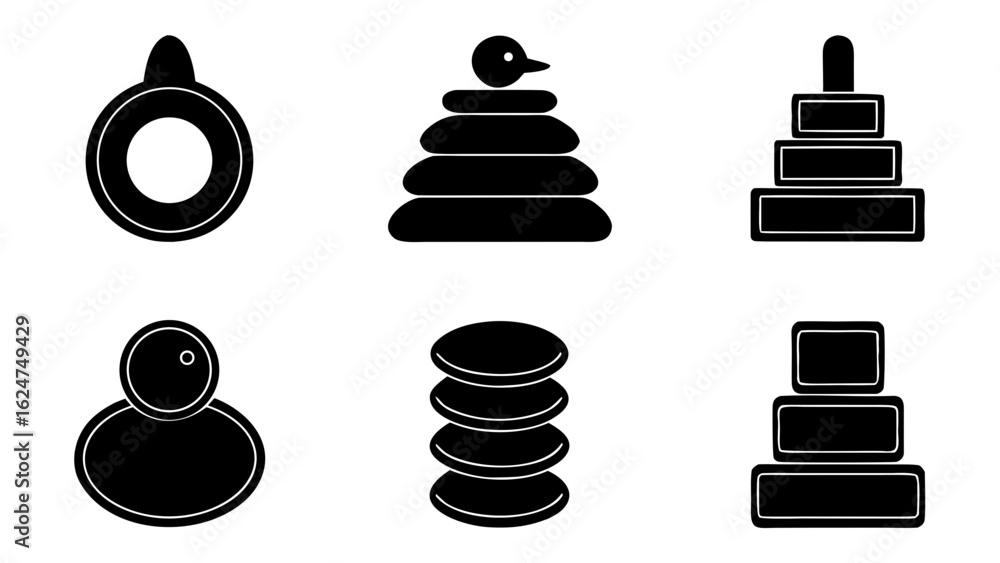 Set of six black and white icons of classic baby toys Set of six black and white icons of classic baby toys