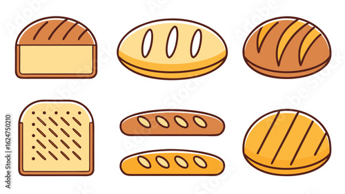 Collection of stylized bread loaves and slices in flat design