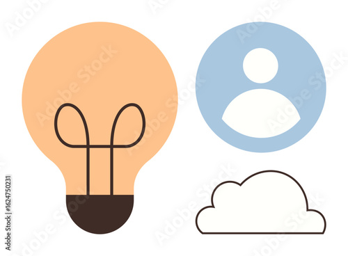 Light bulb, user profile, and cloud outline symbolize ideas, people-centric approaches, and digital connectivity. Ideal for innovation, creativity, user solutions, technology teamwork