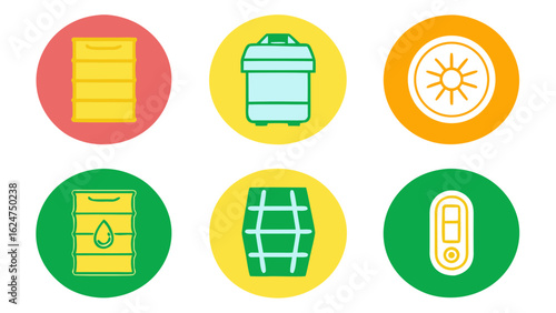 Set of six colorful flat icons representing containers and objects