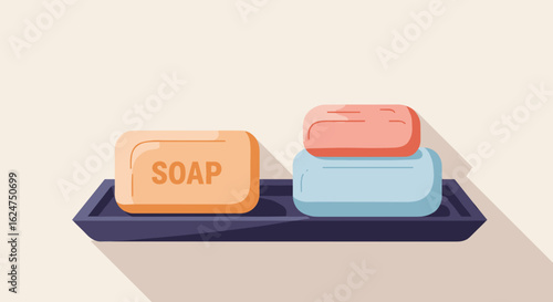 Two colorful soap bars displayed on a dark tray  