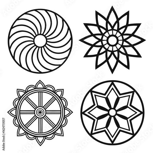 Four black and white circular geometric designs pattern