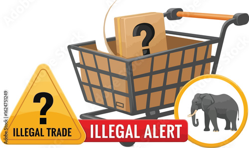 Vector art of conceptual illustration of illegal trade with an elephant icon, question mark, and shopping cart, highlighting the dangers of poaching