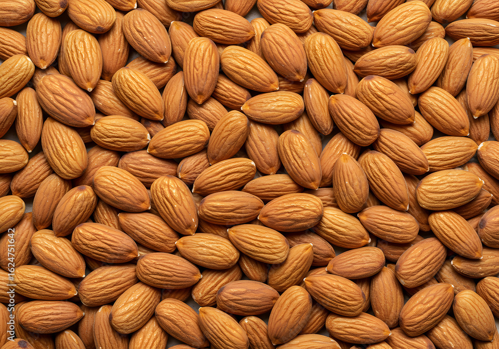 Fototapeta premium Full frame close-up of many raw almonds, both shelled and unshelled. Perfect for healthy eating and baking concepts.