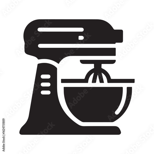 Stand mixer silhouette icon. Black graphic of a food processor or kitchen appliance with whisk and bowl for baking and cooking.
