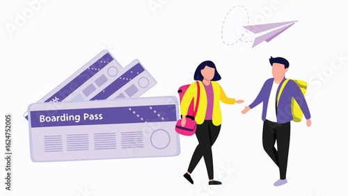 Illustration of people with boarding passes and a paper airplane on a white background scene