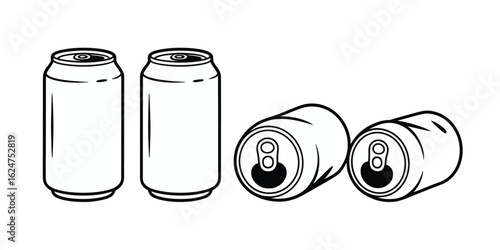 Hand drawn sketch of two standing and two lying empty aluminum cans