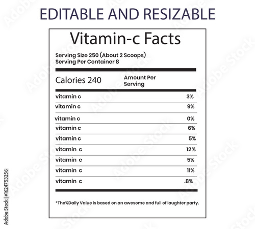 Vitamin C Supplement Facts Label for Product Packaging and Health Information Display Customizable and Resizable Nutrition Information