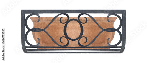 Photography Decorative flower pot in black wrought iron wall holder isolated on white