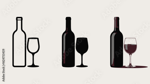 Three silhouettes of wine bottles and glasses