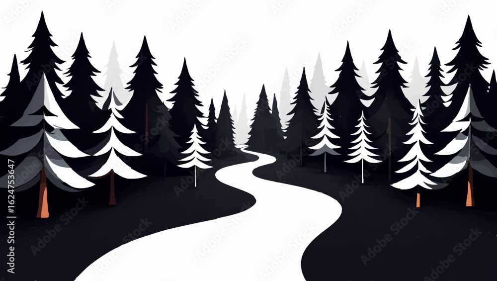 Obraz premium Dark Pine Forest Valley Silhouette Illustration