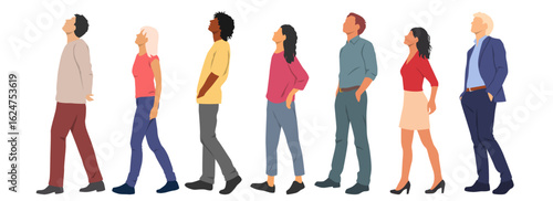 Group of young men and women, profile, look up, different colors, cartoon character, silhouettes of walking business people, students, design concept of flat icon, isolated on white