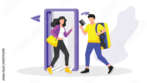 Illustration of a woman exiting a door and a man entering with a delivery bag and phone in hand