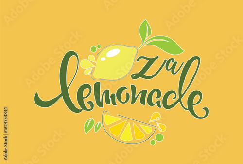 Handwritten za lemonade text with lemon slice illustration on a yellow background