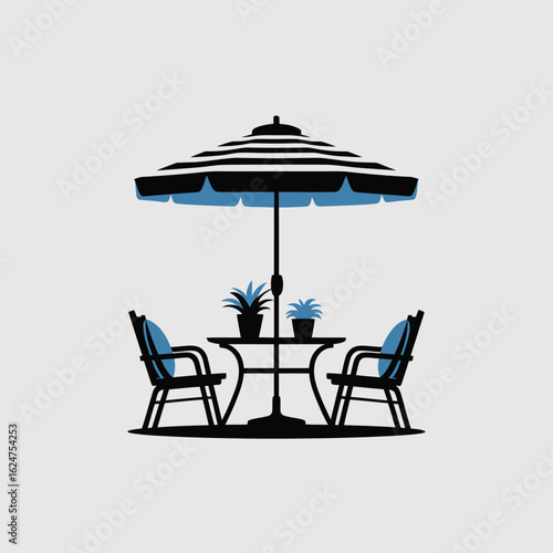 Outdoor patio dining set with striped umbrella and blue chairs