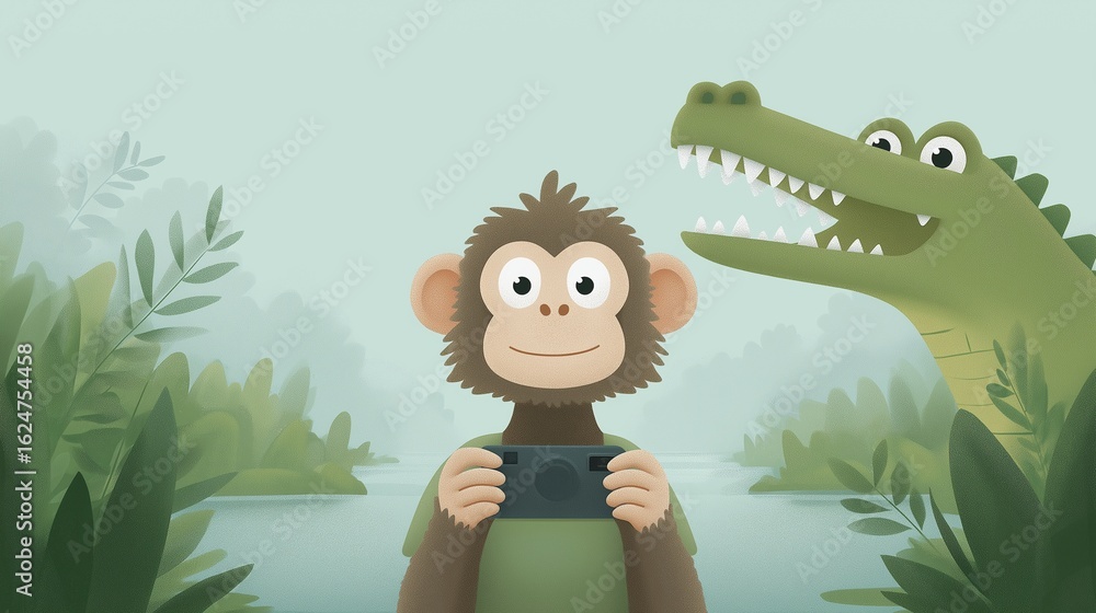 Naklejka premium A charming cartoon illustration of a monkey taking a selfie with a smiling crocodile in a serene jungle river, perfect for kids' media
