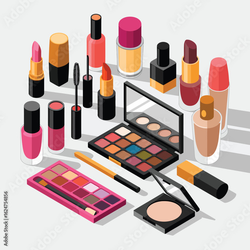 Collection of colorful makeup products arranged on a white background