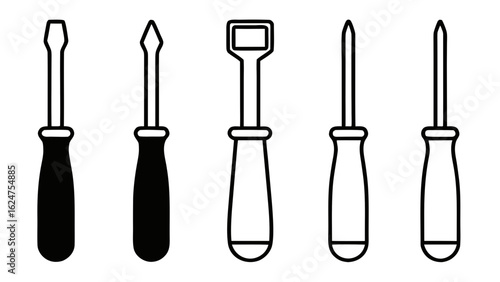 Collection of five screwdrivers with different tips and handles