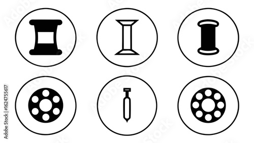 Set of sewing icons including spools of thread and needles