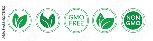 GMO Free and Non-GMO Product Labels - Vector Icon Set with Green Leaves