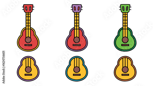Colorful ukulele icons set flat design music instruments