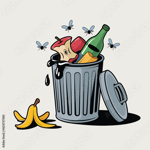 Overflowing trash can with fruit scraps and flies