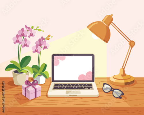 Celebration at home office with laptop mockup, orchids, and a gift for Mother's Day.