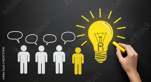 Hand drawing a lightbulb next to stick figures with speech bubbles. Illustrates concept generation, brainstorming, and creative ideas.
