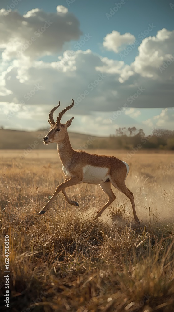 Fototapeta premium A pronghorn antelope with a brown coat and white underbelly, running at high speed with its long legs outstretched, across dry grassy plains with tall golden grasses swaying in the wind, under warm go