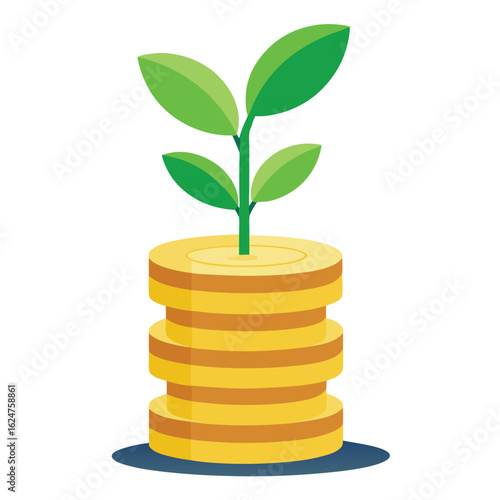 Green plant sprouts from the Gold Coins: Illustrating the concept of financial growth and investment in a conceptual visual asset.