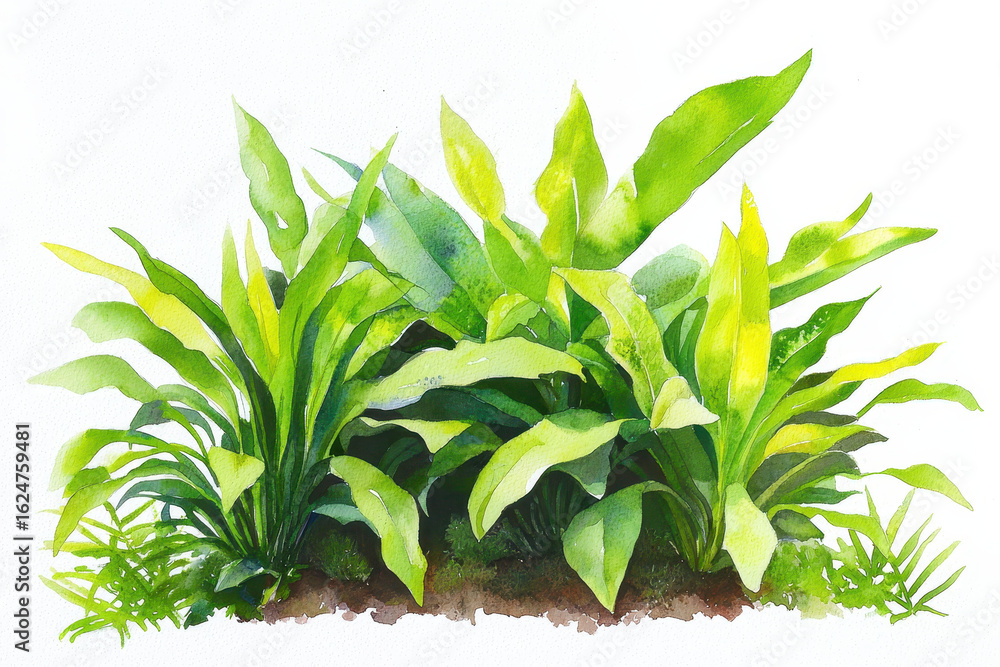 Fototapeta premium Watercolor botanical illustration of lush green plants showcasing vibrant leaves and natural beauty