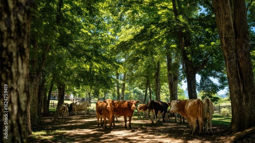 Cows standing in the shade of tall trees during a hot summer afternoon