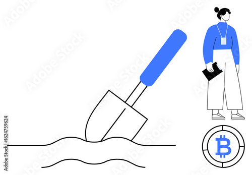 Shovel breaking ground symbolizing Bitcoin mining, woman with notepad observing. Ideal for cryptocurrency, blockchain, research, investment, data analysis, innovation technology themes. Simple flat