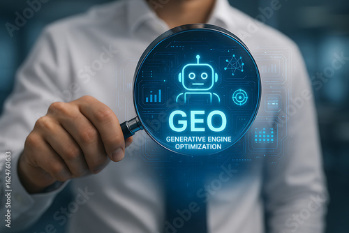 GEO – Generative Engine Optimization concept with businessmen using agentic AI and digital assistants to boost search engine rankings through artificial intelligence and internet data technology
