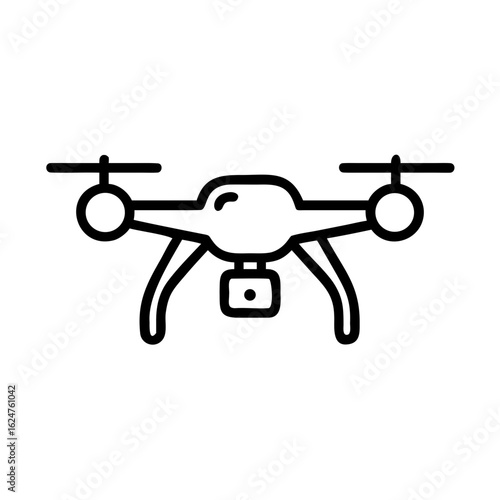 A simple line art drone-icon.svg, depicting a modern quadcopter with a camera for aerial videography, surveillance, and technology concepts.