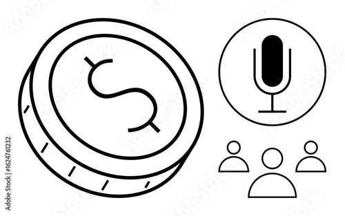 Coin with dollar sign, microphone, and three people icons conveying podcast monetization, audio production, teamwork, finance, networking, communication, and a simple landing page