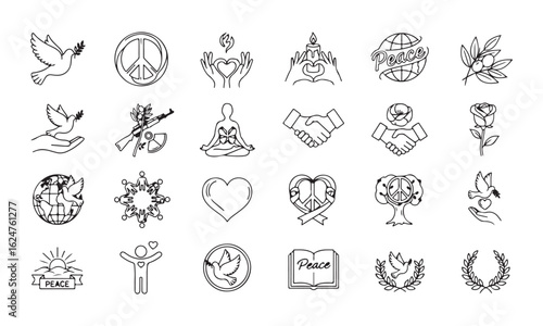 International Peace Day symbols – black outline icons on white background