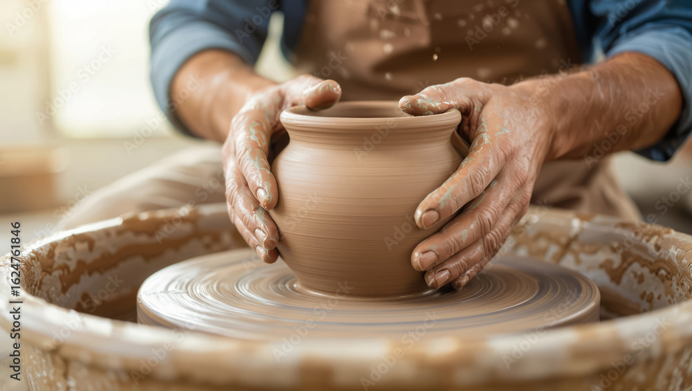 Skilled hands shape clay on pottery wheel creating beautiful vessel in artisan workshop Skilled hands shape clay on pottery wheel creating beautiful vessel in artisan workshop