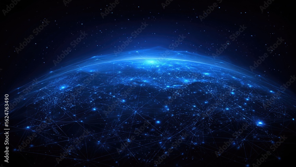 Obraz premium A glowing, detailed sphere, likely Earth, surrounded by a network of blue lines and points, suggesting global connectivity