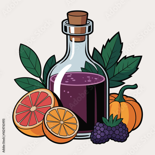 Natural autumn elixir in a corked bottle with fruits and vegetables