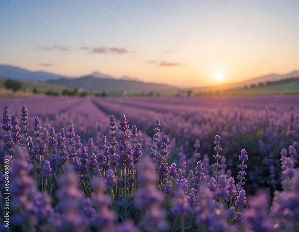 Obraz premium Purple lavender field at sunset with mountains in the background