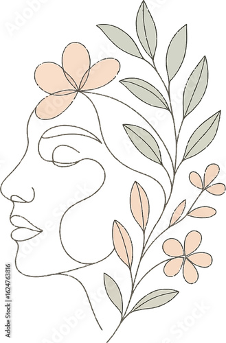 Minimal Line Art Woman with Floral Leaves – Botanical Vector Illustration